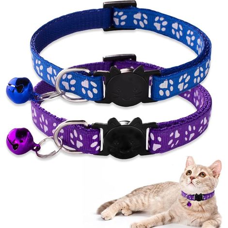 Collar para gato de 2 piezas con cascabel y hebilla de seguridad, apto para la mayoría de los gatos domésticos (azul y morado). (1/5)
