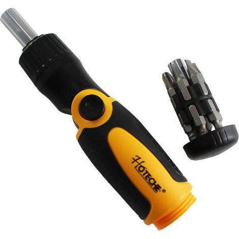 HOTECHE destornillador ratchet + 12 puntas set , Set destornillador Ratchet 250414. Ideal para usar en cualquier trabajo. - Mango antideslizante. - 160 mm. - Negro y amarillo. - 20 (1/3)