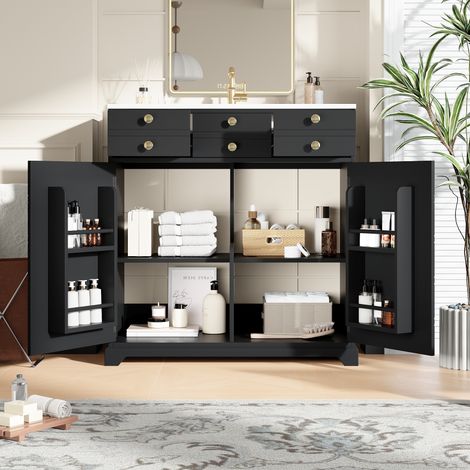 Meuble salle de bain noir et or avec lavabo céramique,tiroirs et rangements intégrés. Mobilier moderne design contemporain pour salle d’eau.