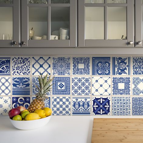 Sticker Mural Carrelage adhésif Cuisine Salle de Bain - 24 STICKERS CARREAUX DE CIMENT AZULEJOS DIONISIO - 24stickers20x20cm (1/5)