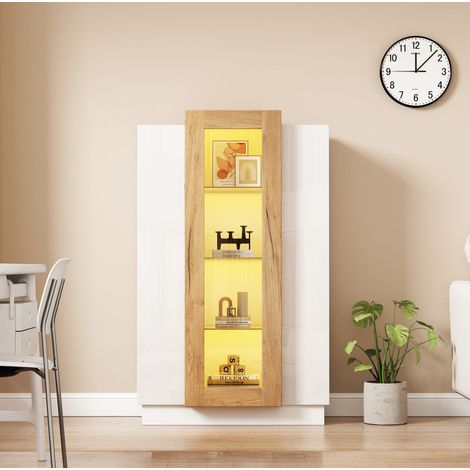 Vetrina 74 x 40 x 120 cm bianca e legno naturale con LED, 3 ante in acrilico (1/5)