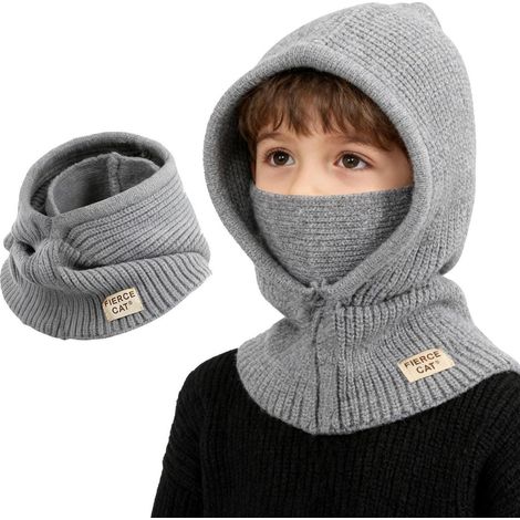 Kinder Sturmhaube Winter winddicht Strickmütze warm Halswärmer Jungen Mädchen Grau (1/5)