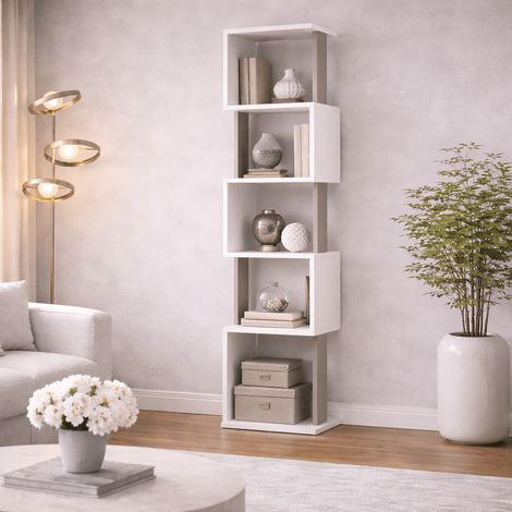 Bücherregal mit 5 Zick-Zack-Fächern, weißes Mokka-Melamin, Piri,