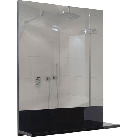 Miroir mural de salle de bain avec étagère 75x60 cm finition brillante rangement intégré contreplaqué noir verre 040003698 (1/5)