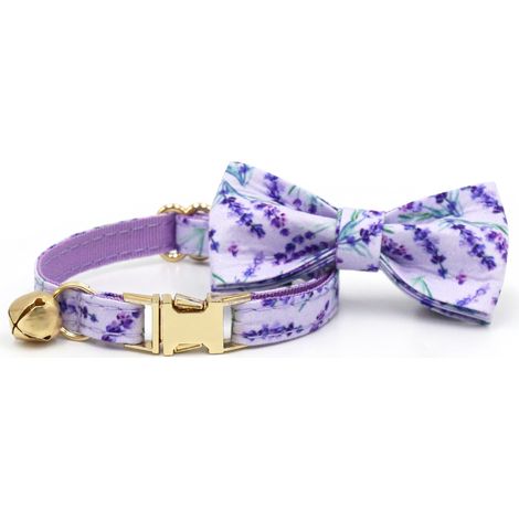 Collier chat imprimé fleurs S boucle argent Design ajusté, sécurité cassable, clochette unilatérale, nœud détachable lavande (1/2)