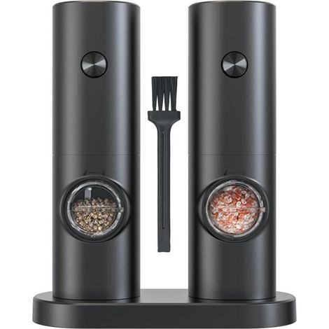 Ensembles de Moulin à Sel et Poivre Electrique,Moulin a Poivre avec Base,Petite Brosse,Alimenté par 4 Piles AAA (non incluses),Finesse de Broyage Réglable (Noir) (1/4)
