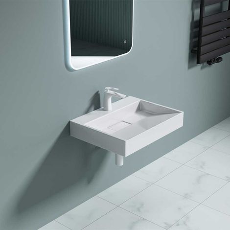 Bathroom Cloakroom 600 x 380mm (WxD) Cast Stone Resin bathroom Basin - Wall Hung Or Countertop basin Sink One Tap Hole - Concealed Waste - Durovin Bathrooms