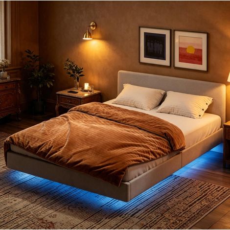 Doppelbett 140x190 cm Leinenoptik-Stoff/Metall Beige RGB-LED ohne Matratze – MEUBLIV (1/5)