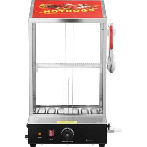 Mophorn Hot Dog Dampfgarer, 37L, 2-stufiger Hot Dog Hütten-Dampfgarer, 30℃ - 85℃ Temperaturregelung, elektrischer Brötchenwärmer mit Schiebetüren aus gehärtetem Glas, Trennplattenzange, Edelstahl.