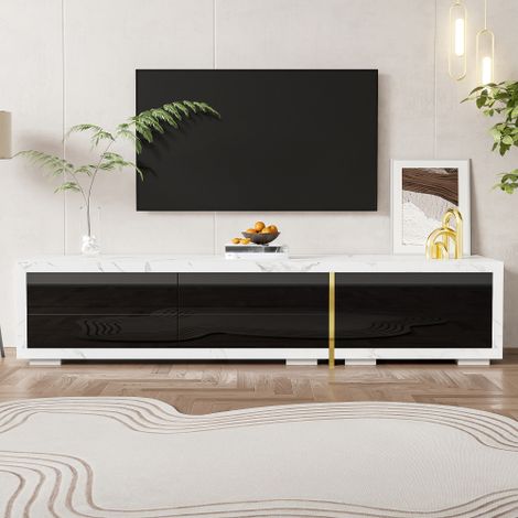 Meuble TV extensible 140-260cm aspect marbre blanc et noir brillant avec finitions dorées (1/5)