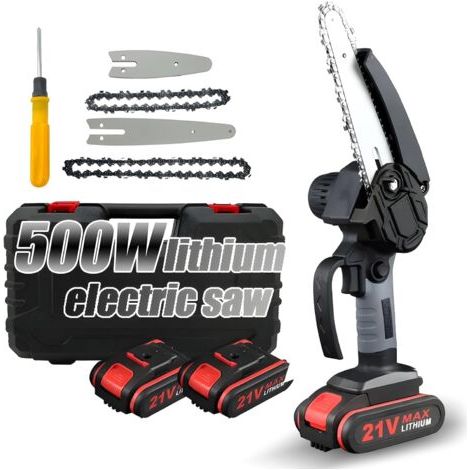 Mini tronçonneuse 4 pouces 6 pouces, tronçonneuse portable avec verrouillage de sécurité, 2 chaînes, 21 V, batterie rechargeable, tronçonneuse électrique sans fil pour branches, coupe de bois (1/5)