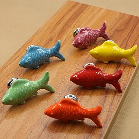 JSSEVN - Pieces 55mm Colorful Goldfish Shape Ceramic Knobs Handles for Cabinets, Drawers, Dressers, Cupboards, Kitchen Cabinets, Furniture Doors with Screws (1/4)