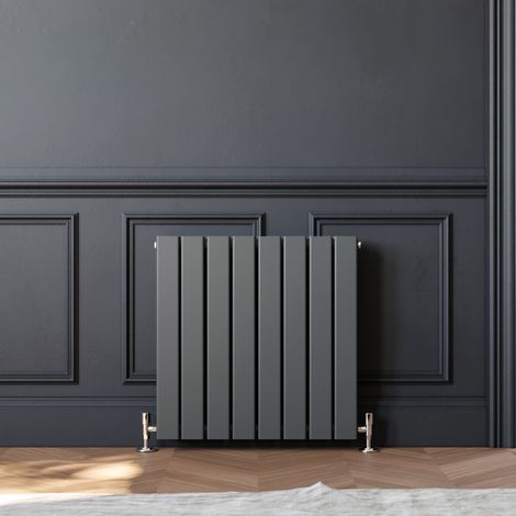ELEGANT Anthracite Horizontal Radiator 600x608mm Double Flat Panel Radiator Designer Heater with Thermostatic Radiator Valves (1/5)