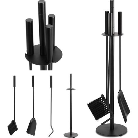 TolleTour Set di accessori per caminetto, 3 pezzi con paletta, scopa, attizzatoio e supporto, accessori moderni per stufe, nero (1/5)