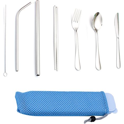 7 Pièces Couverts Portables Réutilisables en Acier Inoxydable 304 Fourchette Couteau Cuillère Baguettes Paille Brosse de Nettoyage Set de Voyage (1/5)