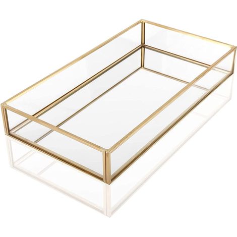 Plateau en verre en métal, plateau de vanité doré, organisateur de bijoux, plateau miroir décoratif, 20 x 14 x 3,5 cm (1/5)