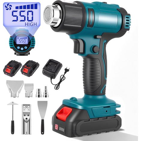 Pistolet à air chaud sans fil, avec 2 batteries de 4,0 Ah, 50-550 °C, outil de soudage plastique sans fil, kit de souffleur d'air chaud sans fil comprenant 5 buses et 2 grattoirs (1/5)