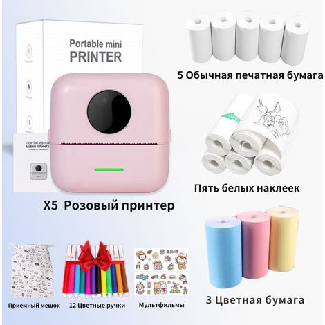 Mini Printer - Portable Mini Pocket Label, Picture, Error Correction Thermal Bluetooth Printer - Russian Version X5 Toner + 5 Thermal Papers + 5 Self-adhesive Papers + 3 Color Papers + 12 Color Pen St (1/4)