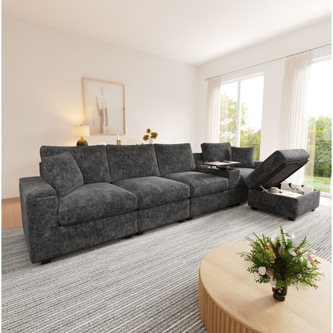 Divano modulare angolare 313/147/82 cm grigio in chenille con pouf contenitore, tavolino girevole 360° e USB/Type-C (1/5)