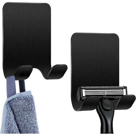 Support pour rasoir de douche (2 pièces), noir, acier inoxydable, crochets auto-adhésifs, convient pour porte, mur, salle de bain, bureau, sans perçage (1/4)