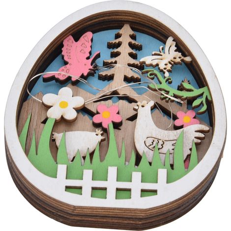 Œufs de Pâques en bois avec LED, motif dinde, ornements de Pâques en buis naturel, lumière chaude, décorations de Pâques en bois pour Pâques (1/5)