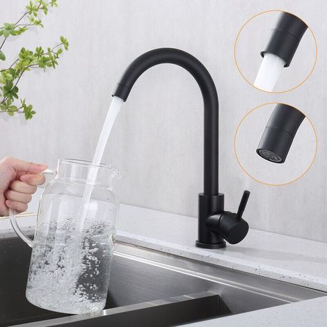 1 robinet cuisine, bec flexible en silicone noir + mitigeur chromé + pivot 360° pour évier deux bacs ou simple (1/5)