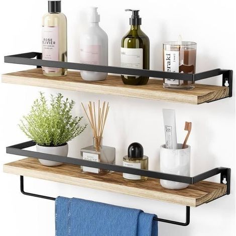 Set aus 2 Wandregalen aus Holz und Metall mit abnehmbarer Handtuchstange für Badezimmer, Wohnzimmer, Schlafzimmer, Küche (1/4)