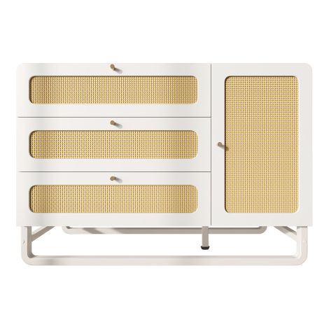 Commode / Meuble de rangement avec poignées en rotin et dorées – Style Campagne, 3 tiroirs et 1 porte – Étagères réglables et dispositif anti-basculement