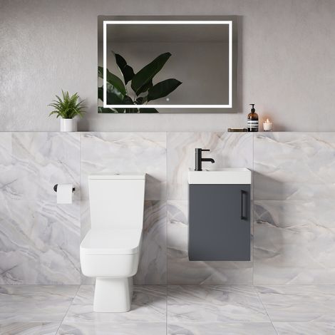 Napoli Cube Gloss Grey 400mm Single Door Wall Mounted Vanity Unit and Toilet Suite with Align Basin - 400mm - Matt Black 160mm Handle