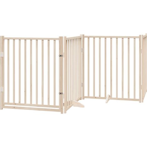 Barrière de sécurité pour chien animaux de compagnies avec porte 4 panneaux bois de sapin massif marron