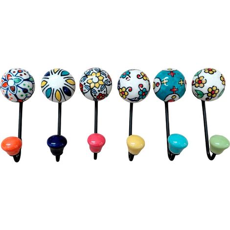 Wandhaken aus Keramik weiß mit Blumen 11 cm 6er Set (1/5)