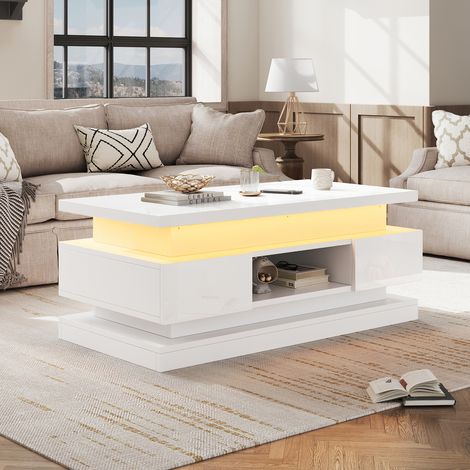 Mesa de centro elevable 100x50x40 cm con LED y 2 cajones almacenamiento oculto moderna tablero de partículas blanco (1/5)