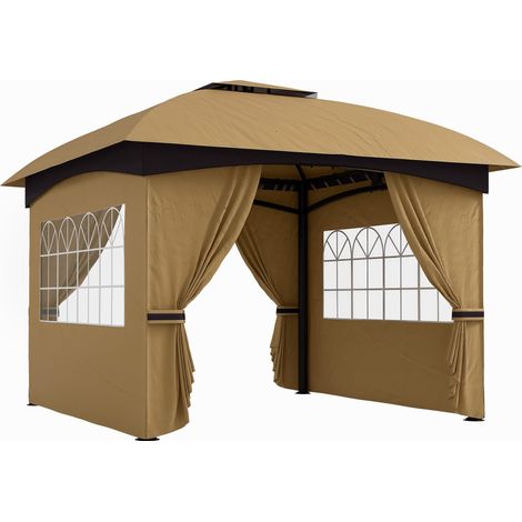 Pavillon de jardin de 3,4 x 3,4 m, tente à bière avec toit ventilé, fenêtres cintrées, structure en acier, beige (1/5)