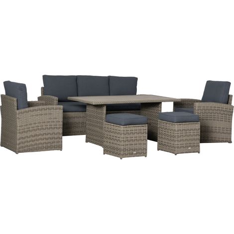 Set Salotto da Giardino in Rattan PE con Divano 3 Posti, 2 Poltrone, 2 Sgabelli e Tavolo, Grigio