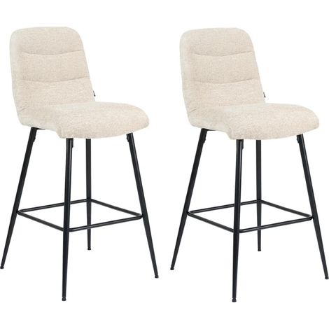 Lot 2 tabourets de bar rembourré tissu doux écru pied métal - JULIE (1/5)