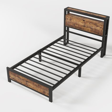Letto singolo 90 x 200 cm in metallo nero con testiera contenitore e rete a doghe (1/5)