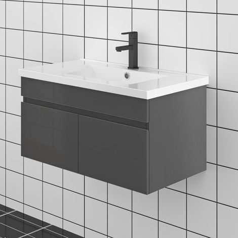 80cm Badmöbel Set Badezimmer Waschtisch mit Unterschrank Gäste WC Anthrazit Hochglanz (1/5)