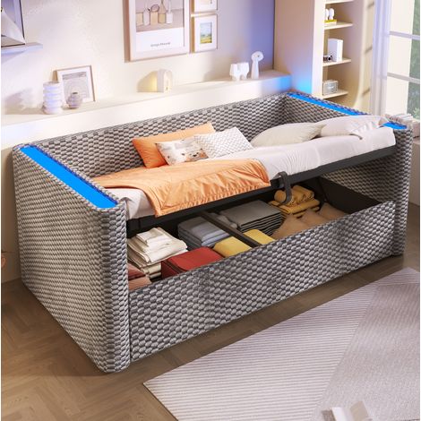 letto contenitore 90x200 con LED velluto grigio HAVRYA (1/5)