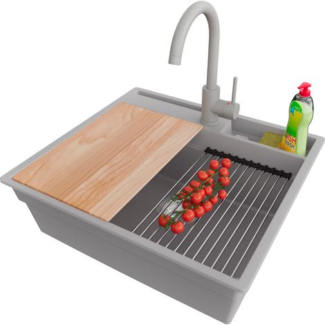 PRIMAGRAN Evier Cuisine en Granit 58x53cm,Lavabo 1 bac + Robinet 32x20cm + Kit de Vidage + Accessoires, Évier à Encastrer au meuble 60cm - Oslo Pocket, Gris (1/5)