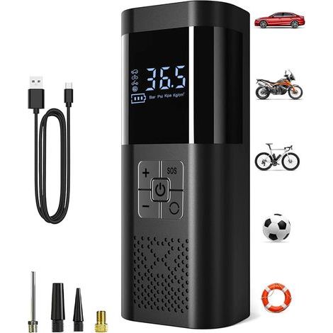 Compresseur à Air Portatif, Gonfleur Pneus Voiture sans Fil avec Jauge, Mini Compresseur 150PSI, Accessoire Voiture pour Hommes, avec Lumière LED pour Voiture Moto Bicyclette Boule (1/5)