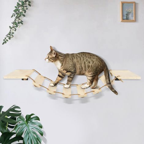 Escalier Mural pour Chats en Bois Naturel - Structure de Saut avec Plateformes, 90cm, Design Écologique & Gain de Place - Installation Facile pour Appartement/Salle de Jeux (1/4)
