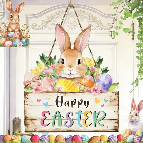 Printemps Joyeuses Pâques Décoration en bois de Porte D'Entrée Pâques, Panneau de Bienvenue de Pâques avec Fleurs Printanières, Panneau Suspendu Pâques avec Lapin Cartoon Décoration Festive (1/5)