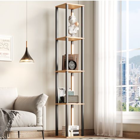 Librería/estantería LED, 26x26x165 cm, 4 baldas, acabado en MDF negro y madera (1/5)