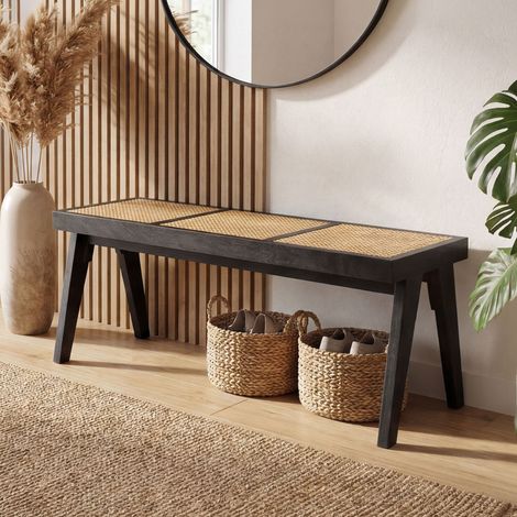 Banc 3 places 120x38x48 cm en rotin naturel et acacia massif noir (1/5)