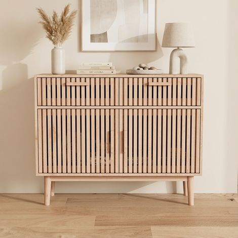 Buffet 100 cm, 2 portes, 2 tiroirs, bahut meuble d'entrée, pieds bois massif, convient pour salon, cuisine, chambre, 100x35x80 cm - Naturel