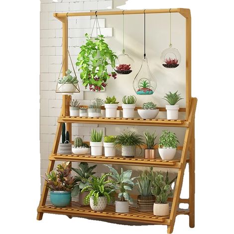 Support de plante, étagère en bambou à 3 niveaux, utilisation polyvalente intérieure/extérieure, Bois Naturel, XL (1/2)
