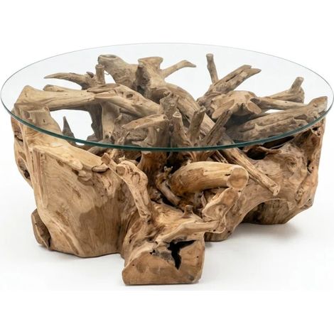 Table basse ronde D. 90 cm racine de teck et verre trempé – NICO (1/5)
