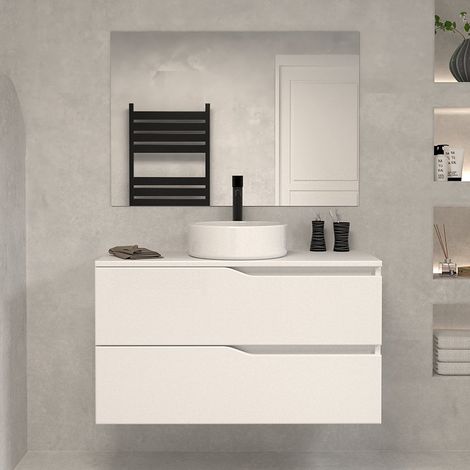 Meuble de salle de bain 90cm avec plateau et vasque à poser - 2 tiroirs - blanc - LUNA (1/5)