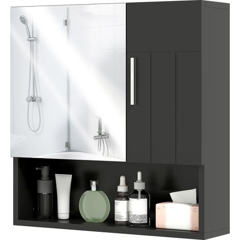 Spiegelschrank aus Holz mit verstellbaren Einlegeböden und offenem Fach, 54 x 15,2 x 55,3 cm, Schwarz