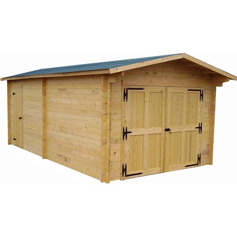 HABRITA Garage bois massif 21,7 m² madriers 42 mm - toit double pente feutre bitumé - porte en option